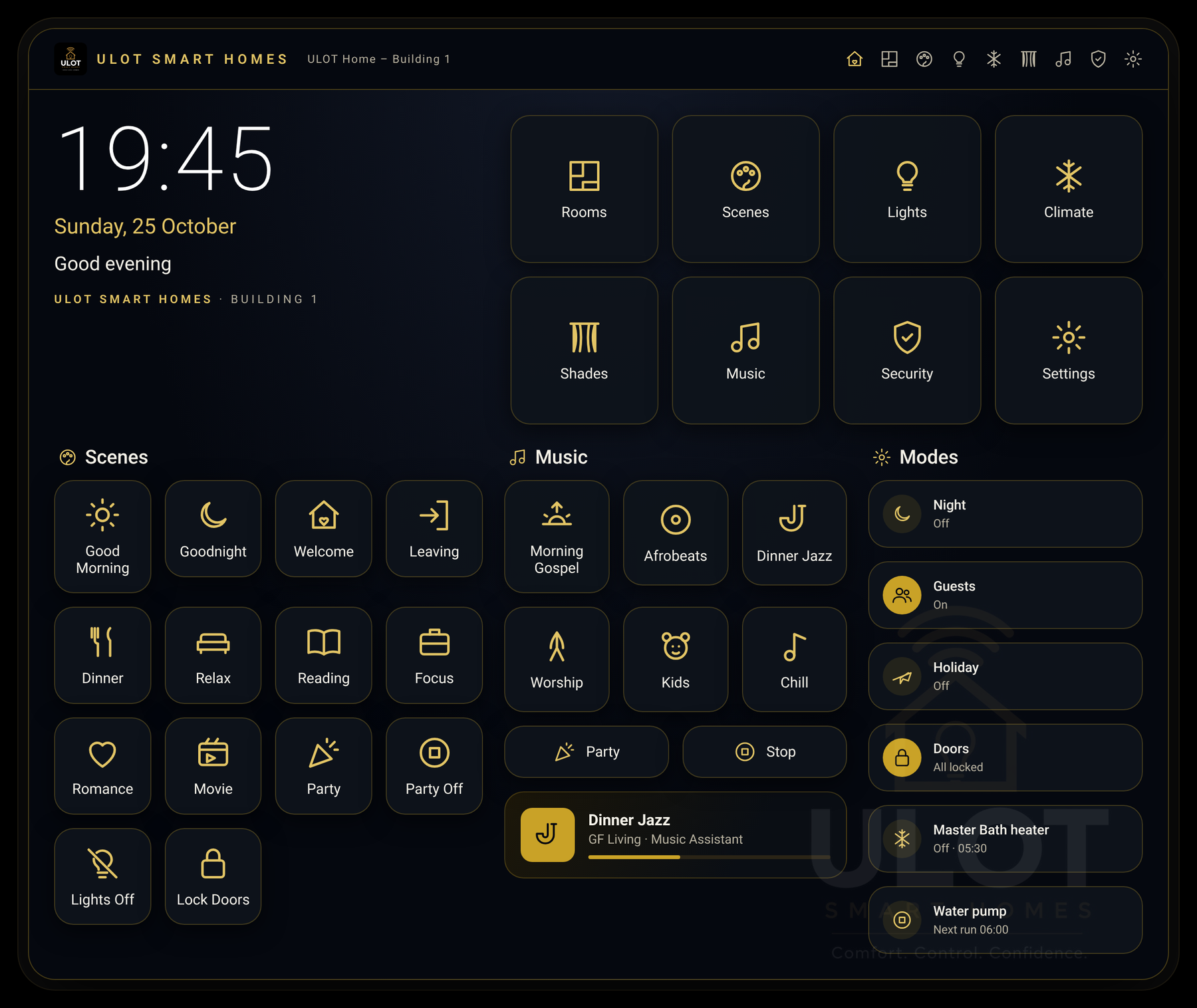 ULOT Smart Homes wall panel home screen: clock, Rooms, Scenes, Lights, Climate, Shades, Music, Security and Settings buttons, scene and music shortcuts, and house modes, in black and gold